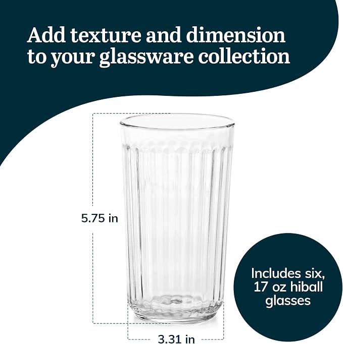Libbey Paneled Highball Glasses Set of 6, 17 Oz Fine Ribbed Line Whiskey Glasses Set, Dishwasher Safe Highball Champagne Glasses for Juice, Iced Tea - Image 3