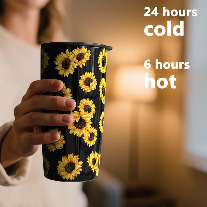 TILUCK 20 oz Insulated Coffee Tumbler with BPA-Free Lid | Travel Coffee Mug, Dishwasher Safe, Cup Holder Friendly, Double-Wall Vacuum Insulation for Hot & Cold Drinks, SunFlower - Image 3