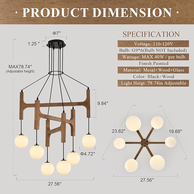 Farmhouse L28 '' Wooden Chandeliers with Milk Glass Globes Lampshades, Rustic Oak Mid Century Long Pendant Chandelier Light Fixture 6-Light for Foyer Living Dining Room Bedroom Kitchen,G9 - Image 3