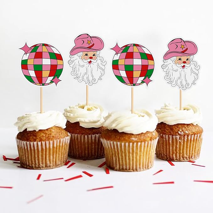 24Pcs Christmas Cupcake Toppers Santa Claus Disco Ball Cupcake Picks | Holiday Party Cake Decorations for Christmas Baby Shower Birthday Party Supplies - Image 3