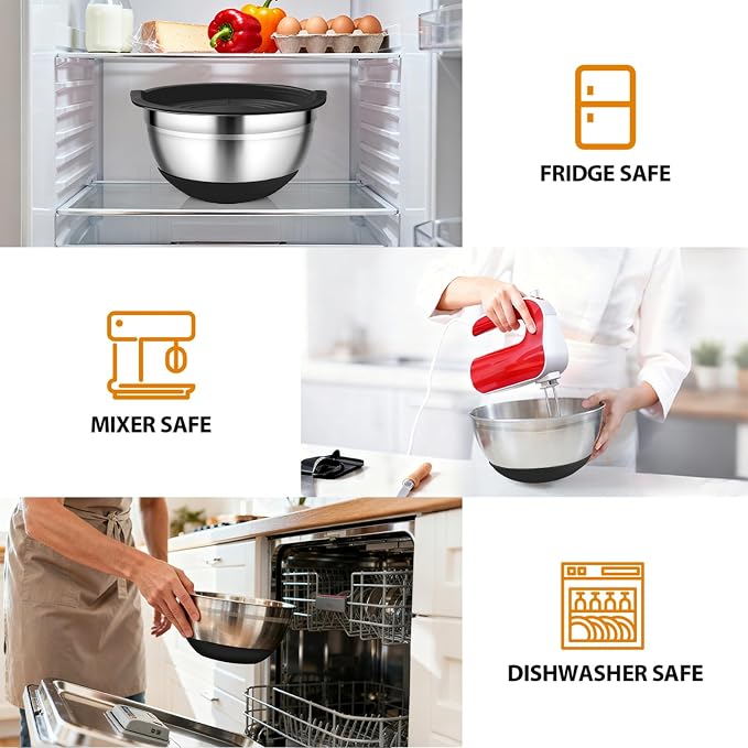 Mixing Bowls with Airtight Lids, 18pcs Stainless Steel Mixing Bowls Set | Nesting Non-slip Silicone Bowls Bottom, Size 4.5, 3.6, 2.7, 2.1, 1.7, 1.1, 0.7 qt, Fit for Mixing & Serving(Black) - Image 5