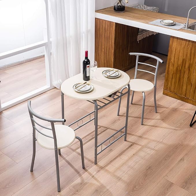 VINGLI 3 Piece Dining Set, Small Kitchen Table Set for 2, Breakfast Table Set, Kitchen Wooden Table with 2 Chairs for Small Space/Dining Room/Apartment, Metal Frame, Wine Rack, Beige - Image 2