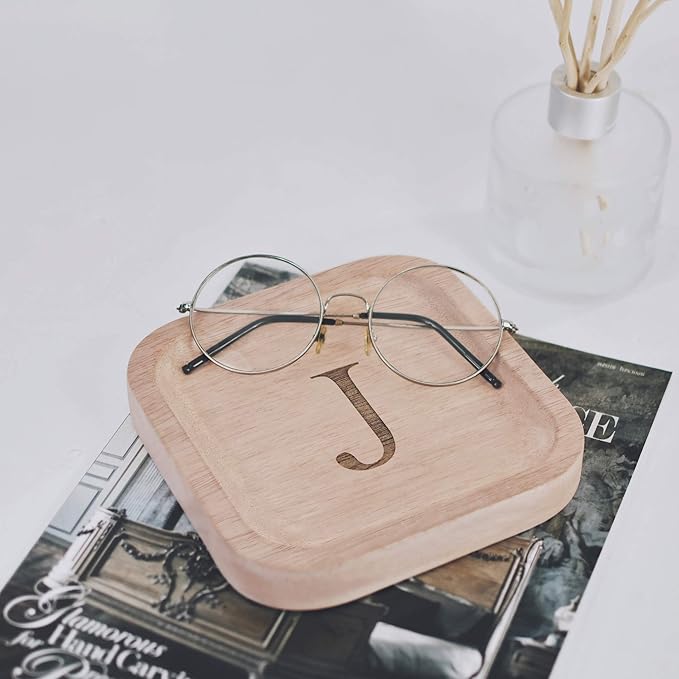 I'm Wooden Personalized Letter Catchall Valet Tray Trinket Dish Jewelry Tray Key Bowl Decorative Plate Organizing Ring Earrings Necklaces Bracelet Watch Coins Wallet Holder (6"x6" Sq Natural J)