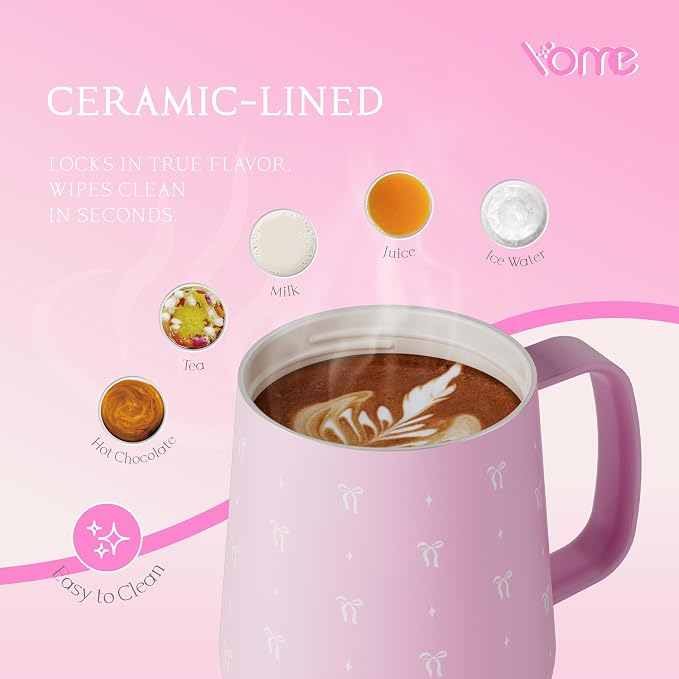 YOME 10oz Elegant Bow Pink Insulated Coffee Mug with Handle for Women | Ceramic Lined Coffee Mug with Splash-Resistant Lid| Pure Taste Stainless Steel Coffee Cup | Easy to Clean | Keeps Drinks Cold - Image 4