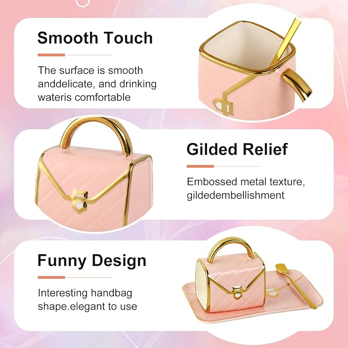 Pink Handbag Shaped Coffee Mug and Saucer,10 Oz Ceramic Purse Cup Set | 10 oz,ceramic,handbag mug with matching saucer,cute creative tea cup styling,for women and Thanksgiving - Image 3