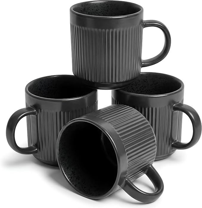 SANGO Anderson Black Coffee Mugs Set of 4, 16.5 oz Stoneware Coffee Mug Set, Big Ceramic Tea Cup with Matte Glaze for Cappuccino, Latte, Large Coffee Cups with Handle, Microwave & Dishwasher Safe by Sango