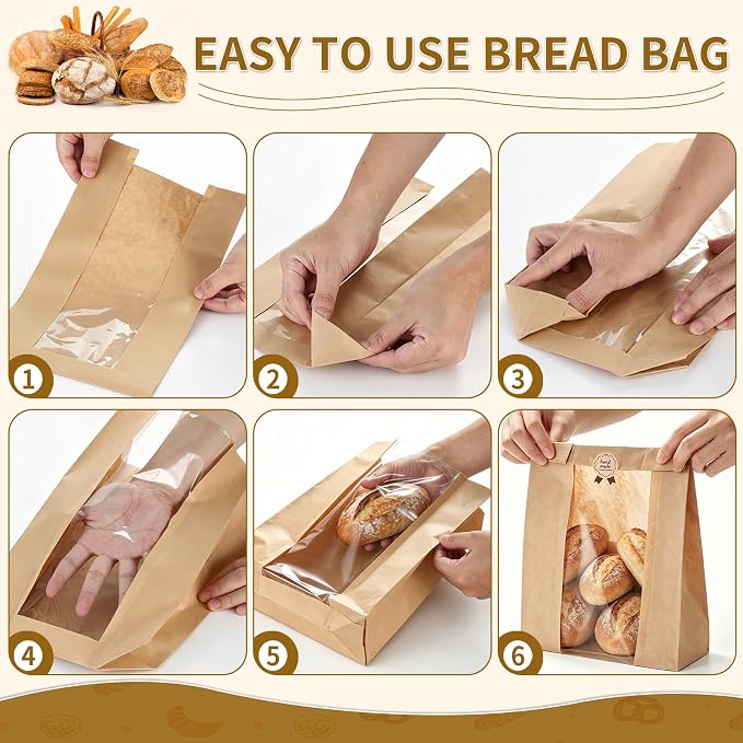 Banana Bread Packaging, Bread Packaging for Homemade, 50 Pcs 13.78" × 8.27" × 3.54" Bags with Clear Window and 50 Stickers, Water and Oil Repellent, Easy to Use, Well-Sized for Baked Goods - Image 5