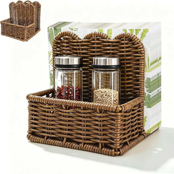 Plastic Rattan Scalloped Perimeter Napkin Holder for Table, Salt and Pepper Shakers Holder - Countertop Organizer for Rustic Room Decor, Brown (Without Salt, Pepper Shakers & Napkins) by Unknown