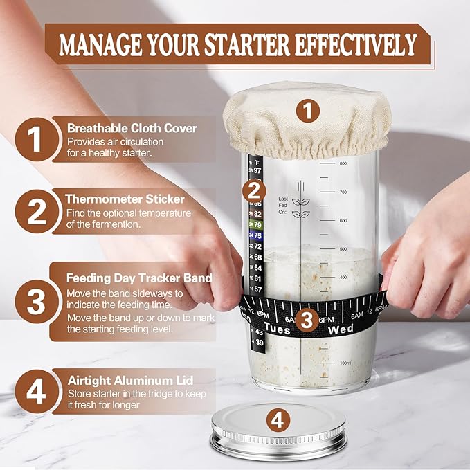 Sourdough Starter Kit with 2 Proofing Baskets, 36oz Sourdough Starter Jar, Bread Lame, Dough Scraper, Dough Whisk & Silicone Bread Sling