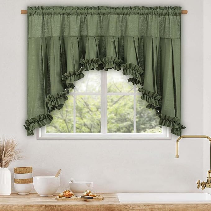 Likiyol Linen Valances for Windows Farmhouse Ruffle Swag Valance Rustic Country Window Valances Light Filtering Kitchen Curtains Rod Pocket Valance Curtains for Bathroom Cafe, Green, 60" W x 36" L - Image 2