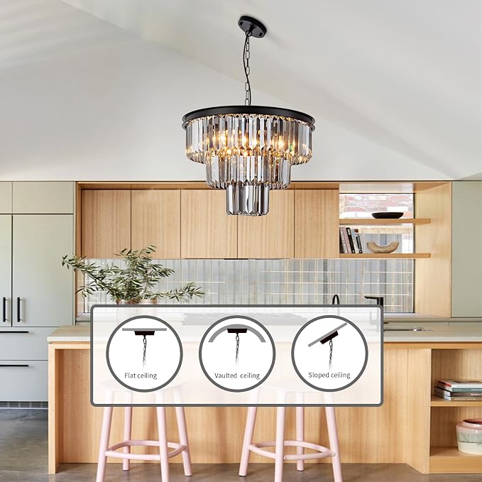 8 Light Black Crystal Chandelier 20'' Luxury Smoke Modern Dining Room Light Fixture 3-Tier Round Hanging Pendant Ceiling Lighting for Entryway Foyer Living Room Adjustable Height E12 - Image 5