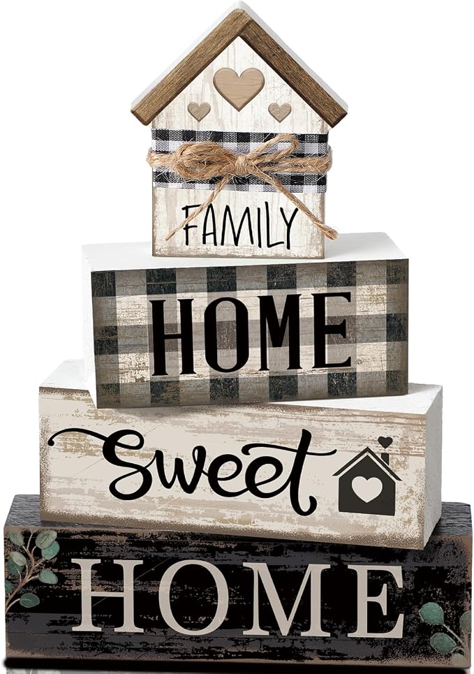 Moucuny 4 Pcs Farmhouse Table Decor Rustic Home Sweet Home Farmhouse Tiered Tray Decor Retro Wooden House Shaped Block Signs Housewarming Gifts Neutral Centerpiece for Kitchen Shelf by Moucuny