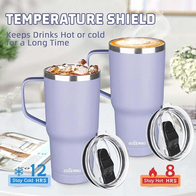 20 oz Insulated Coffee Mug with Ceramic Coating, Stainless Steel Travel Mug Tumbler with Handle Lid and Straw, Double Wall Leak-Proof Coffee Travel Mug Keeps Drink Hot and Cold (Light Purple) - Image 4