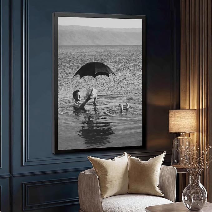 Man Floating in Lake With Book And Umbrella, Old Photography 1920s, Black And White Poster Canvas Poster Wall Art Decor Print Picture Paintings for Living Room Bedroom Decoration Black Frame 08x12in(2 - Image 3