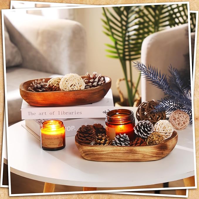 2 Pcs Wooden Dough Bowls for Decor Oblong Decorative Bowl Home Decor Fruit Vessel for Kitchen Counter Rustic Carved Serving Container Long Wooden Bread Tray for Dining Room Table(13 x 9 x 3.2 Inch)