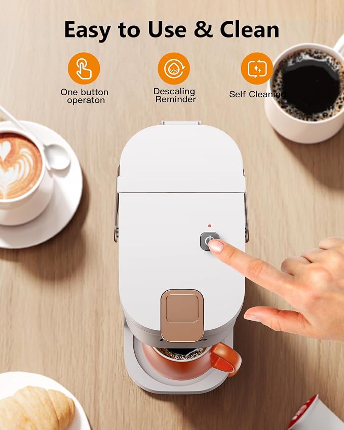 Tastyle Mini Single Serve Coffee Maker for K Cups and Grounds with Handle | for Travel, Camping, Office, RV and Dorm, Portable Handle,120V, 6 to 12 Oz Brew Size, BPA Free, K302, White and Brown - Image 6