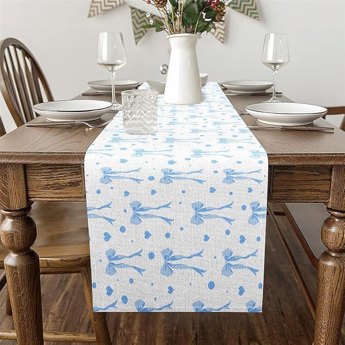 Coquette Bows Table Runner 13" x 120" Blue Watercolor Bow Kitchen Dining Table Decor for Home Party Sweetheart Home Decor for Living Room Dresser Scarfs Dresser Runners Cute Bowknot Table Decoration - Image 3