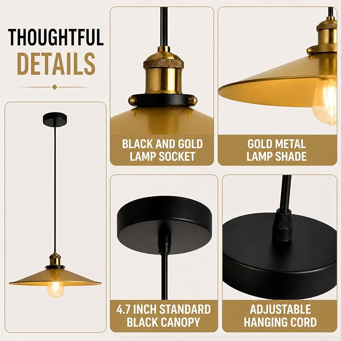 KCO Lighting Industrial Gold Pendant Lights Kitchen Island, 14.2” Modern Farmhouse Pendant Lighting for Dining Room Living Room Bedroom E26 Hardwired Hanging Ceiling Lamp with Adjustable Height - Image 3
