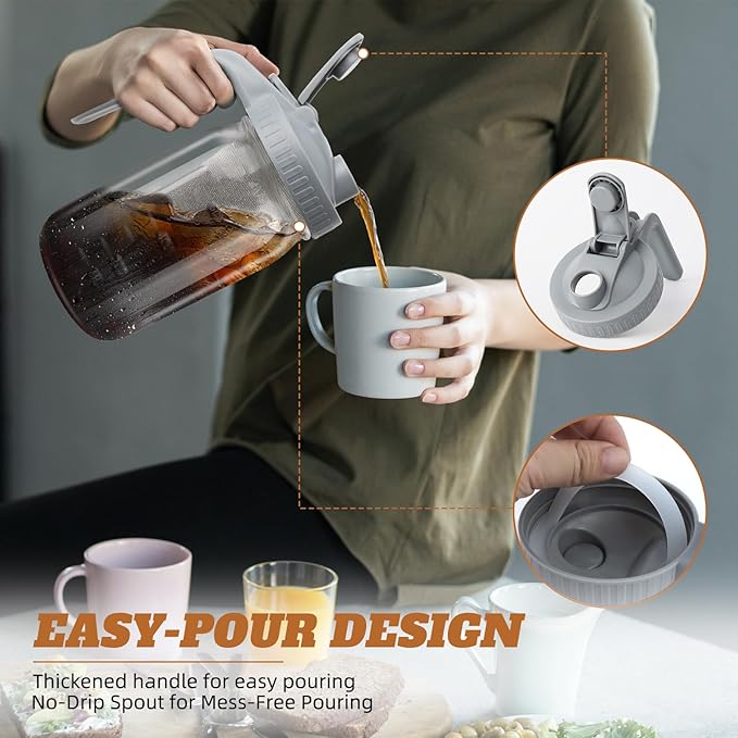 Cold Brew Coffee Maker, 32 oz Wide Mouth Mason Jar Pitcher with Stainless Steel Filter, Pour Spout Handle Lid, Heavy Duty Glass Airtight & Leak-Proof Pitcher for iced coffee & Tea Lemonade