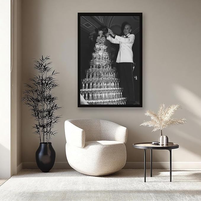 Champagne Tower 1920s, Pouring Over Stacked Glasses Black And White , Alcohol Poster, Bar Cart , Retro Wall Decor Canvas Poster Bedroom Decor Sports Landscape Office Room Decor Gift Black Frame 08x12i - Image 8