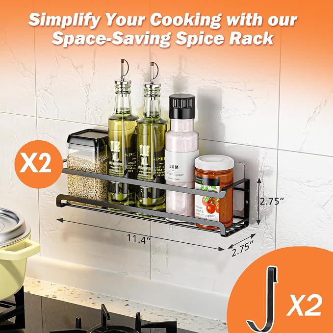 Bunoxea Spice Rack Wall Mounted 2 Pack, Black,11.41x2.75x2.75in | 2 Removalble Hooks,Screw or Adhesive Hanging,Space-Saving,For Kitchen Cabinet, Pantry Door,Stove,RV - Image 7