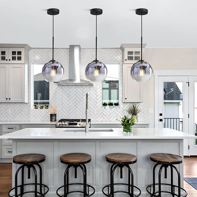 KCO Lighting Mercury Glass Pendant Light Fixtures Mid Century Modern Silver Kitchen Island Pendant Lights Ceiling Hanging Black Large Globe Pendant Light for Living Room Dining Room - Image 4