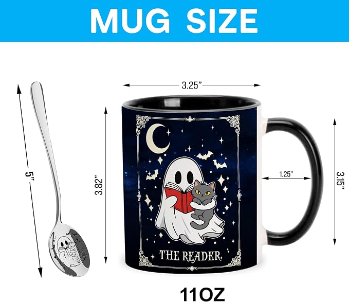 Hyturtle Cute Ghost with Cat Coffee Mug with Spoon for Halloween Birthday | Funny Ghost Tarot Gifts for Readers, Book Lover Mug, Book Club Gifts, Premium 11oz Ceramic Coffee Tea Cup, Double-sided print - Image 7