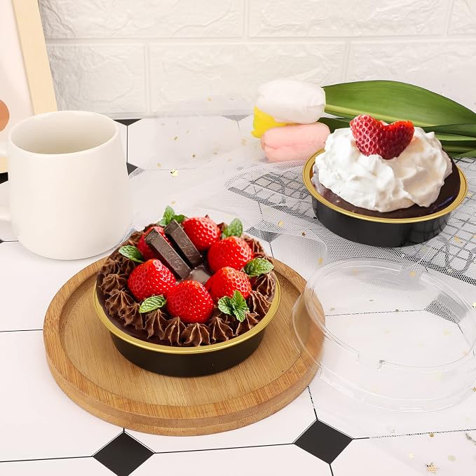 Beasea Aluminum Cupcake Pans With Lids, 4 Inch 100 Pack Disposable Pie Pans For Cake, 8 Oz Aluminum Pie Pan Tin Black Golden Tart Pans Round Oven Baking Mini Cake Pan For Pie Tart Quiche - Image 4