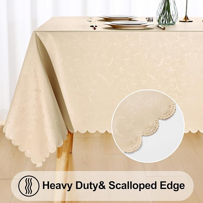 Smiry Rectangle Waterproof Heavy Duty Vinyl Tablecloths, 60 x 84 Inch | Wipeable Washable Floral Embossed Table Cover for Kitchen and Dining Room, Indoor & Outdoor Use, Cream - Image 5