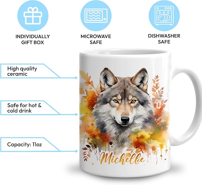 Hyturtle Personalized Fall Wolf Coffee Mug, Fall Autumn Décor | Birthday Gifts For Wolf Lovers - Wolves Gift Ideas For Farmhouse Thanksgiving - Custom Name 11oz White Ceramic Coffee Tea Mug - Image 3