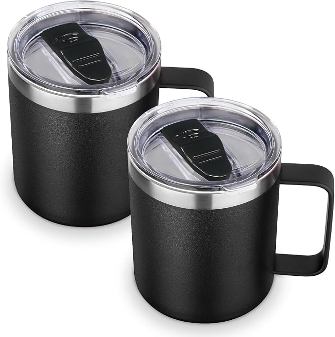 Volhoply 14oz Insulated Stainless Steel Coffee Mug with Lid Bulk 2 Pack,Double Wall Vacuum Travel Coffee Cup with Handle,Reusable Cups Tumbler,Camping Mugs Keep Hot,Ideal Gifts(Black,2 Set) by LiveFully%EF%BC%8CDrinkFreely%E2%80%94KeepGoingwithVolhoply%EF%BC%81