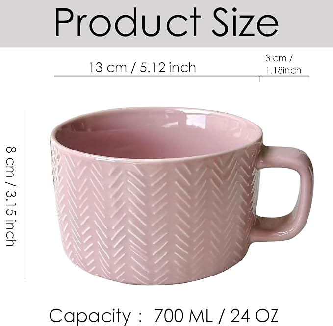 Disoza Oversized Coffee Mug 24 OZ Pink Soup Mug Cereal Large Soup Bowls with Handles 700 ML XXL Large Ceramic Tea Cup - Image 2
