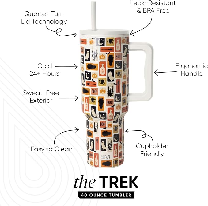 Simple Modern Halloween Tumbler with Handle | 40oz | Stamps | Trek Tumbler, Travel Mug | Insulated Water Bottle, Cupholder Friendly, Stainless Steel Cup, Spooky Stamps on Cream - Image 3