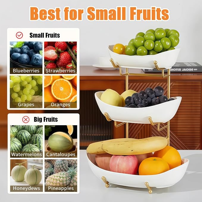 Ceramic Fruit Bowl for Kitchen Counter - 3 Tier Fruit Basket with Metal Stand, Tiered Fruit Stand for Countertop, Snack, Nuts, Cake, Dessert, Cute (Gold, Small) 1 - Image 4