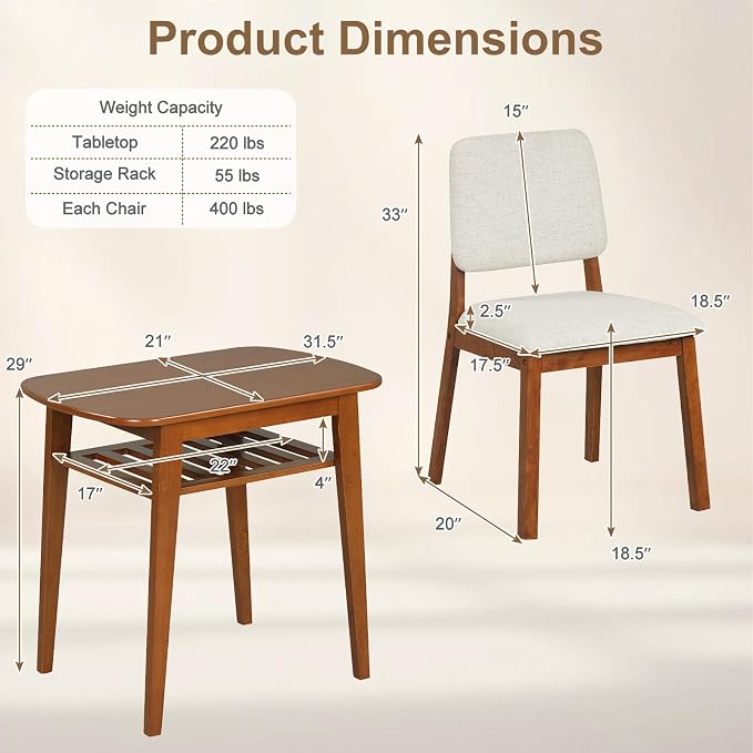 Giantex Dining Table Set for 2, Space Saving Kitchen Table and Chairs Set w/Rubber Wood Frame, Storage Rack, Padded Seats & Backrests, Dinette Set for Small Space, Apartment, Dining Room, Walnut - Image 3