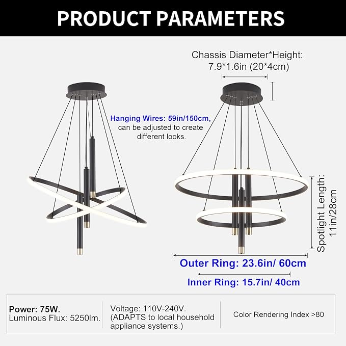 ORANOOR LED Black Modern Chandeliers, Dimmable 24inch Kitchen Pendant Light | Dining Room Light Fixtures Ceiling Hanging Over Table, 2 Ring Round Chandelier for Bedrooms Living Room, LED Pendant Lamp 75W - Image 4