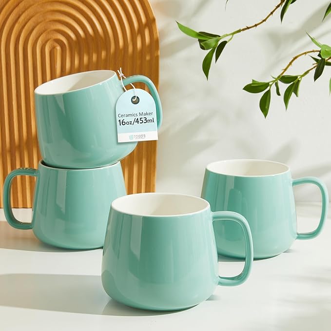Teocera 16oz Ceramic Coffee Mugs Set of 4 – Stackable Latte Cups, Microwave, Dishwasher & Oven Safe – Ideal for Coffee, Cappuccino, Hot Chocolate, Housewarming Gifts, Mint Green by Teocera