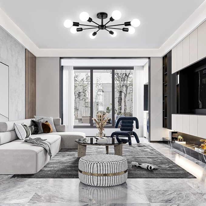 23.62'' Semi Flush Mount Ceiling Light, 8-Lights Modern Chandelier Black Living Room Light, Sputnik Light Fixtures Chandelier for Bedroom Kitchen Study Office - Image 3