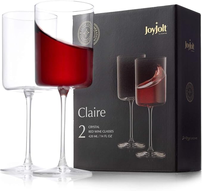 JoyJolt Claire 14oz Red Wine Glass Set, Large Wine Glasses Set of 2, Elegant Crystal Wide Rim Stemware, Modern Glasses with Stem, Made in Europe Stemmed Glassware for Unique Gifts by JoyJolt