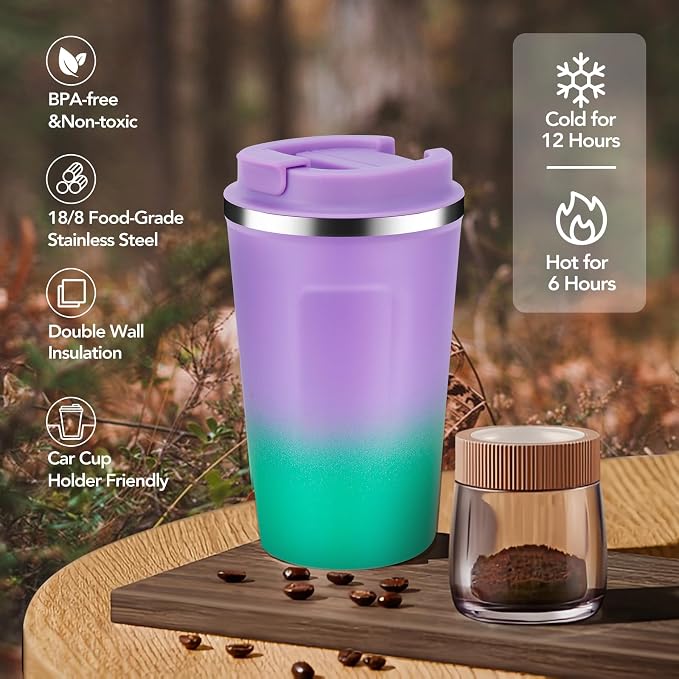 Volhoply 12 oz Double Wall Insulated Vacuum Travel Coffee Mug with Flip Lid,Reusable Stainless Steel Leak Proof Coffee Cup,Portable Iced Cafe Thermal Tumbler for Hot & Cold Drinks(Purple Green,1 Set) - Image 5