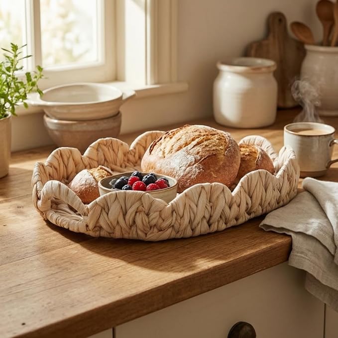Amagogo Basket Tray with Handles Oval Rectangular Organizer Serving Tray Decorative Weave Water Hyacinth Low Profile Shape Suitable for Room Coffee Giving Home Decoration 42x33x7cm - Image 4