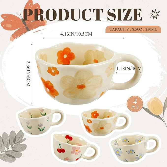 Vesici 4 Pack Ceramic Flower Coffee Mug with Spoon 8.5 oz, Cute Aesthetic Tea Cups with Handle for Tea, Milk, Latte Mugs for Coffee Bar Women Birthday Housewarming Gifts, Dishwasher Microwave Safe - Image 2