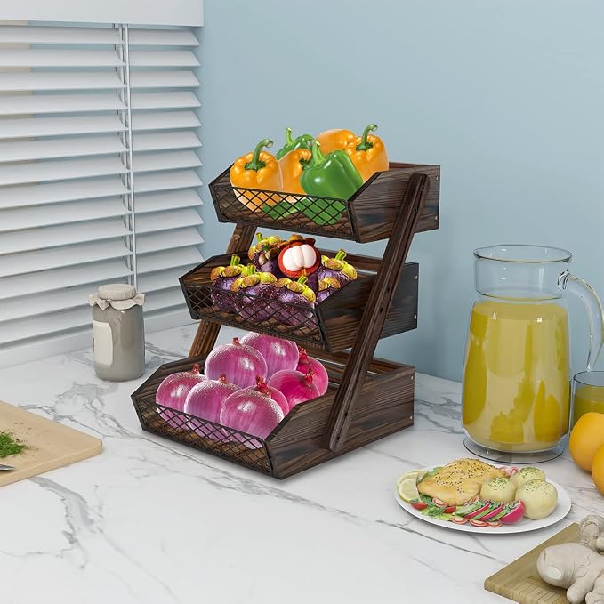 Dorhors Fruit Basket for Kitchen Counter Organizer,Fruit Bowl Stand Storage | 3 tier Rustic Brown Vegetable Holder,Wood Bread Display Rack,Kitchen Countertop Organizer Shelf for Snack,Onion,Banana,Potato - Image 2