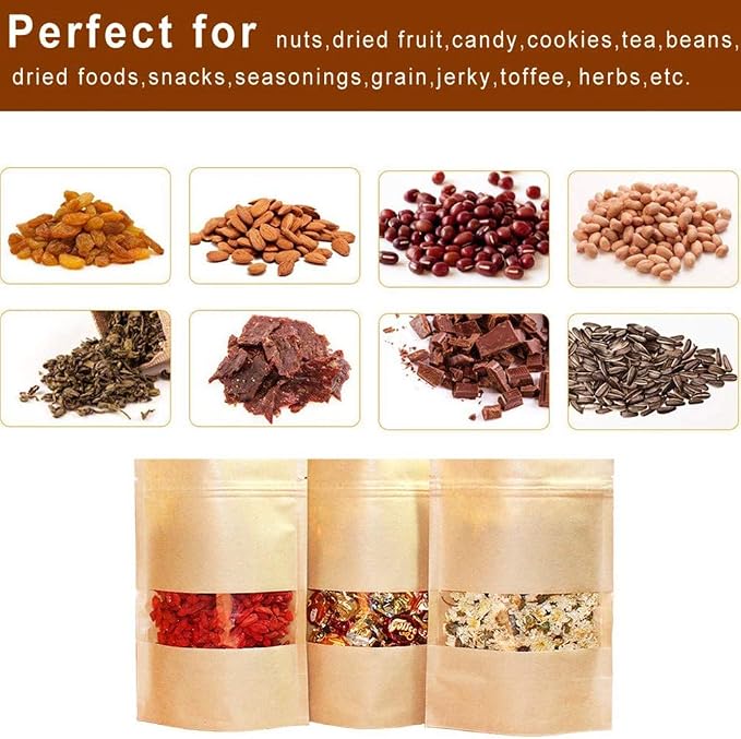 Kraft Heat Sealable Stand Up food Pouches Paper Mylar Bags With Clear Window And Zipper, Heavy Duty Decorative Resealable Recycled For DIY Homemade Chips Candy Cookies Christmas (50pcs 6x9+3.2 inch) - Image 7