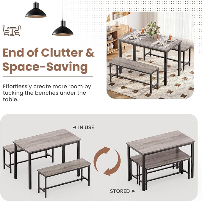 Dining Table Set for 4, Kitchen Table with 2 Benchs, Grey | Modern Functional 3 Piece Space-Saving Dining Room Table Set for Apartment, Breakfast Nook, Small Space - Image 8
