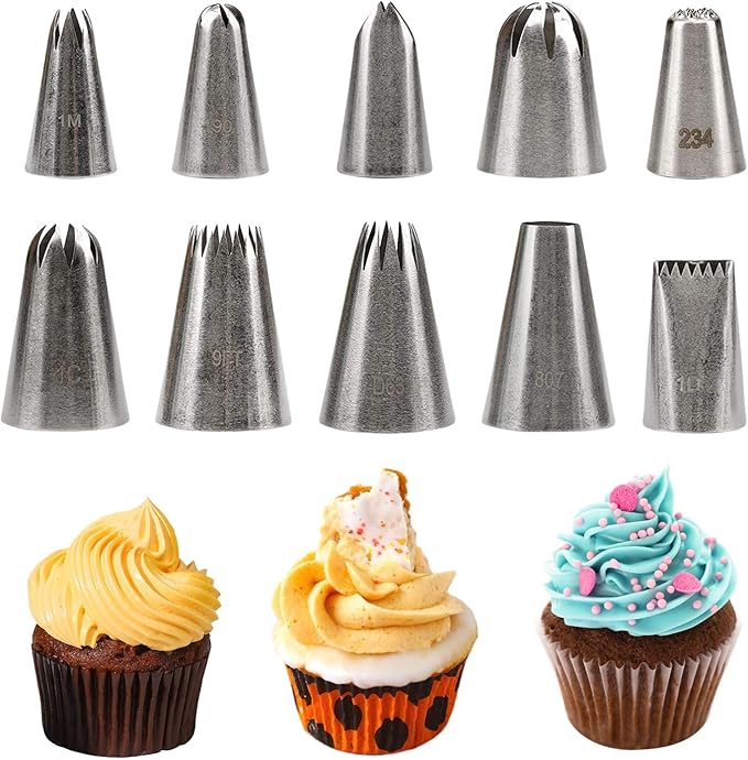 Piping Tips, 10 Pcs Stainless Steel Icing Piping Nozzles Cake Decorating Tips Baking Tool for Cream Cupcake Cookie