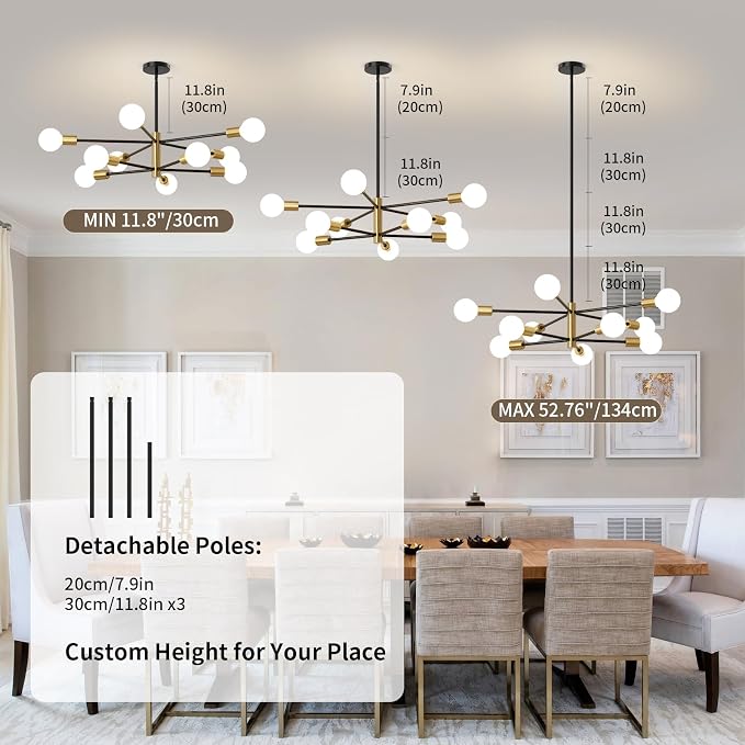 Sputnik Chandeliers Moderna Light Fixture, 10 Lights Black and Gold Mid Century Ceiling Chandelier, Height Adjustable for Living Room, Kitchen, Dining Room, Bedroom,Foyer - Image 5