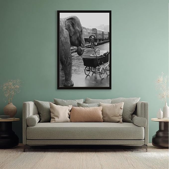 UXCBIA Elephant Pushing A Baby Carriage, London 1950, Black And White Vintage, Funny Animal Poster Canvas Poster Bedroom Decor Sports Landscape Office Room Decor Gift Black Frame 16x24in(40x60cm) - Image 5