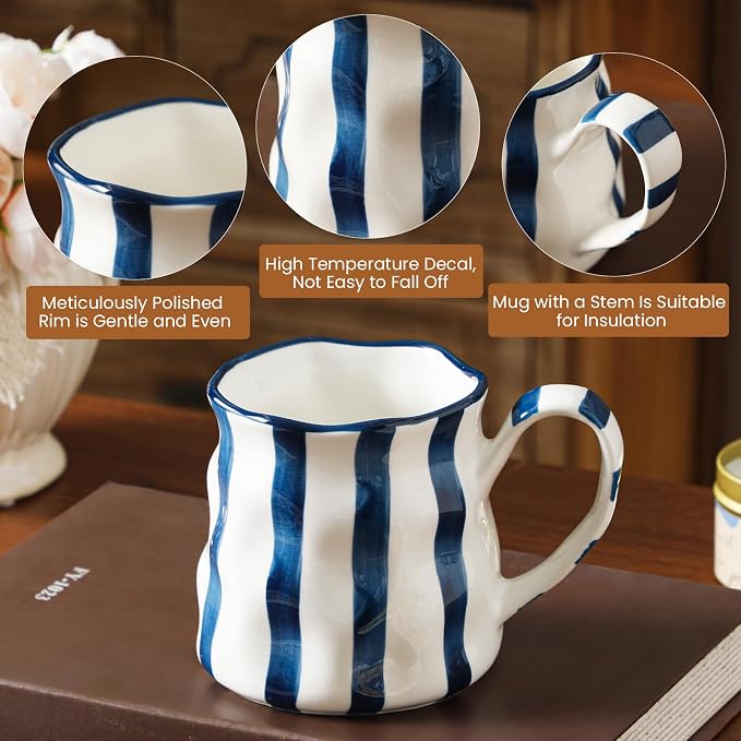 Ceramic Coffee Mugs Set of 4,Cute Mugs (Striped),14 oz Large Cups For Latte Tea Milk，Hand Painted Coffee Mugs Set Dishwasher Microwave Safe - Image 3
