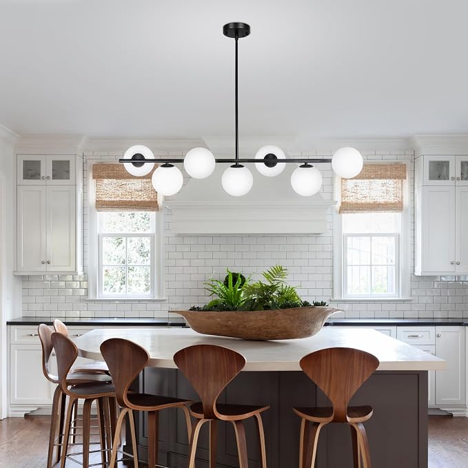 Modern Linear Chandelier 7-Light, Mid Century Black Globe Pendant Light for Dining Room, Kitchen Island Lighting Fixtures Ceiling, Bubble Glass Chandelier over Table for Living Room, Foyer, Bedroom - Image 4